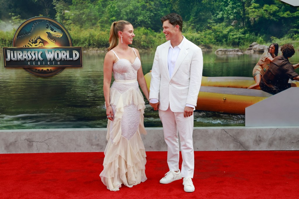 Scarlett Johansson and Colin Jost at "Jurassic World Rebirth" premiere in New York City Monday