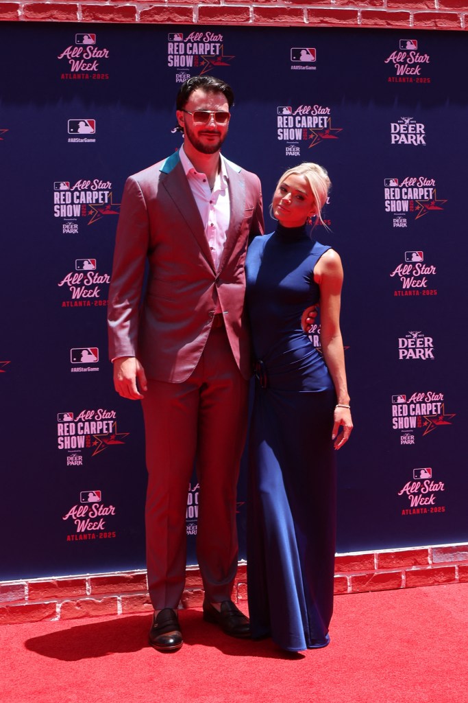 Paul Skenes and Livvy Dunne posing at the 2025 MLB All-Star Game red carpet.