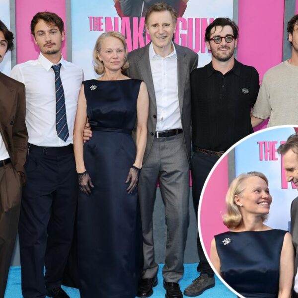 Pamela Anderson and Liam Neeson Share a Moment with Sons at 'Naked Gun' Premiere