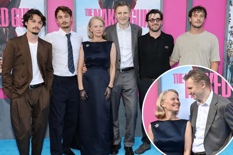Pamela Anderson and Liam Neeson Share a Moment with Sons at 'Naked Gun' Premiere