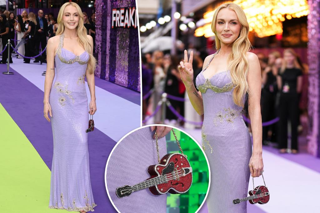 Lindsay Lohan Shines with Bedazzled Guitar Purse at 'Freakier Friday' Premiere