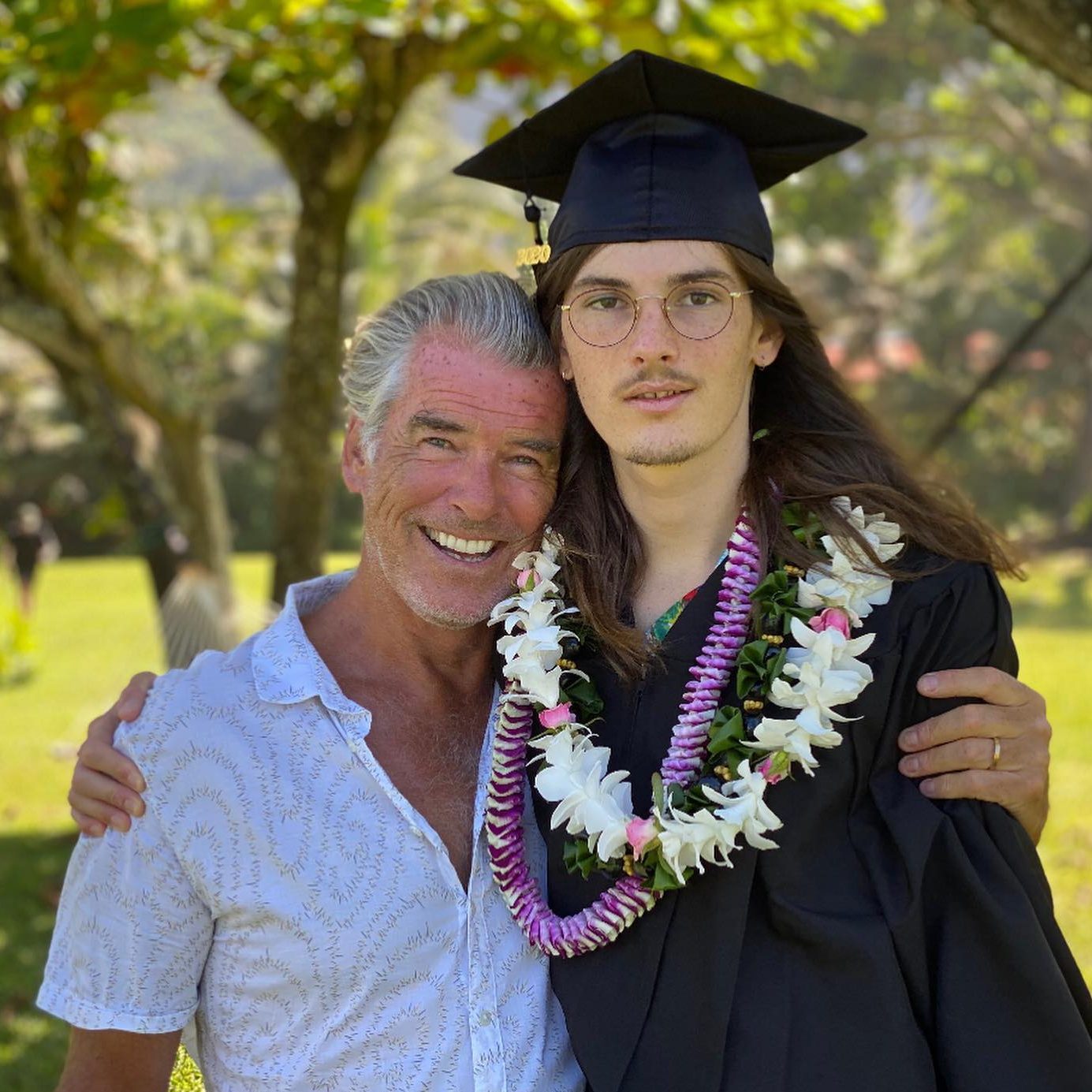 Pierce and Dylan Brosnan celebrate Dylan's college graduation in May 2020