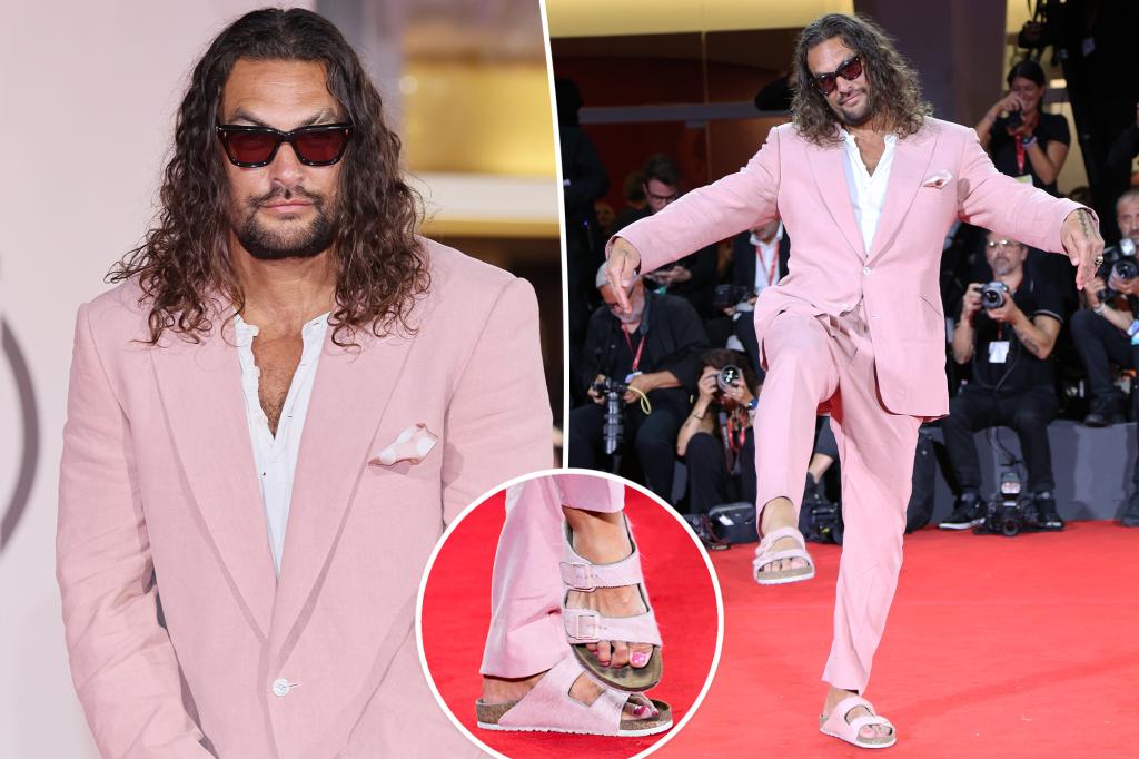 Jason Momoa Coordinates Pink Suit with Matching Toenail Polish at Premiere