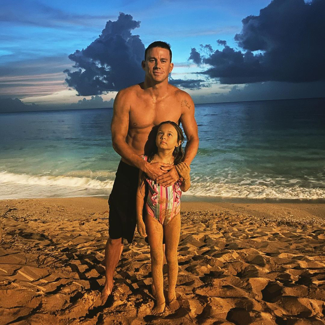 Channing Tatum on the beach with Everly Tatum.