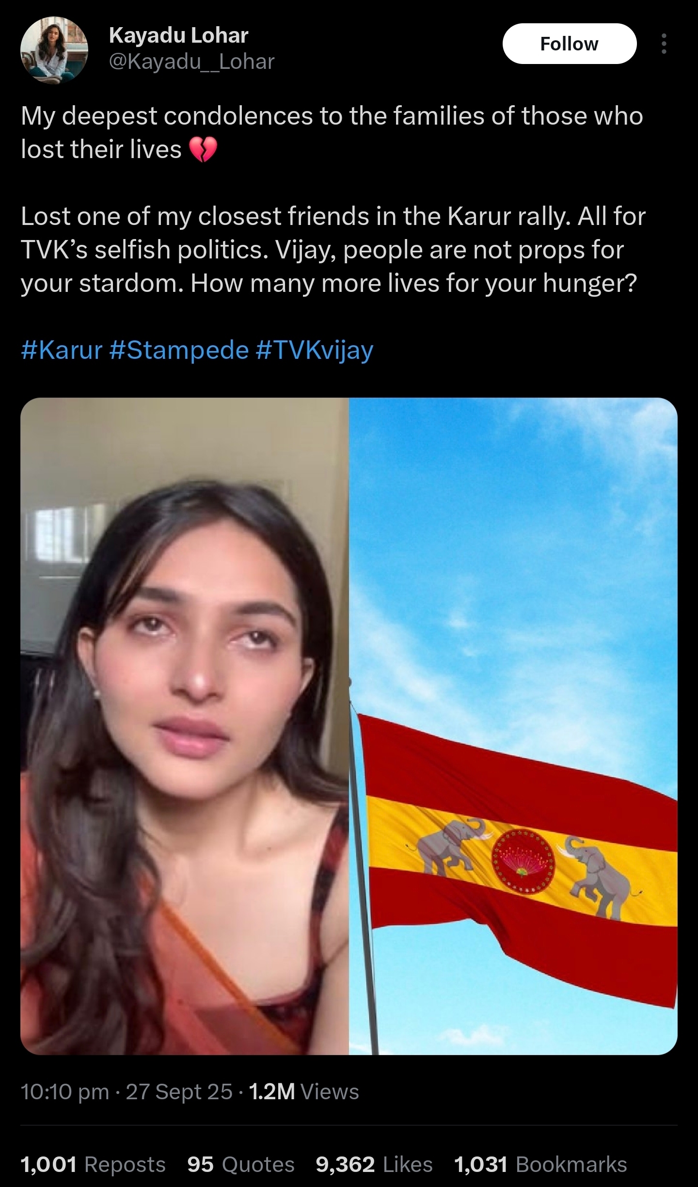 A screengrab of the fake post made under Kayadu Lohar's name.