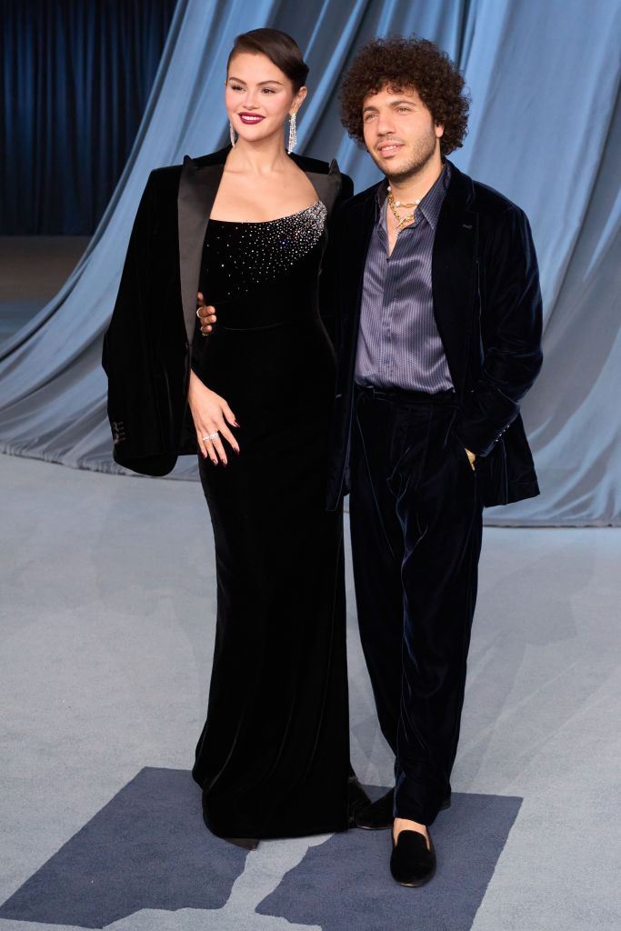 Selena Gomez (L) and her husband Benny Blanco (R) arrive to the Academy Gala at the Academy Museum of Motion Pictures in Los Angeles