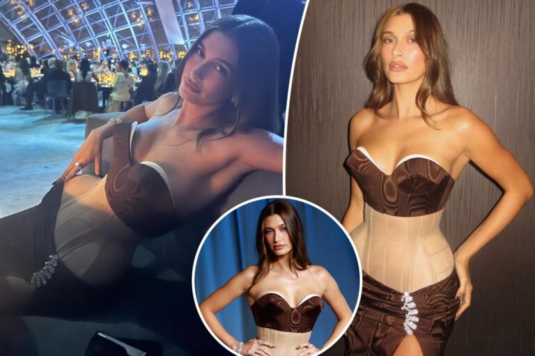 Hailey Bieber Struggles to Sit in Corseted Couture at Academy Museum Gala