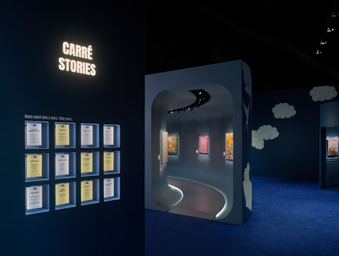 Carre Stories wall illustrating the journey of silk scarves.