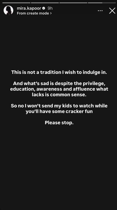 Mira urges people to stop burning crackers on Diwali.