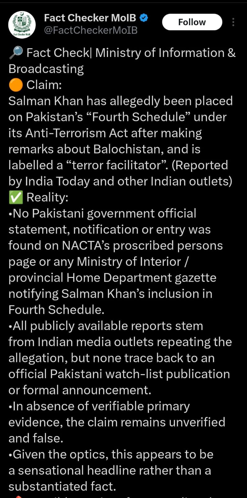 Screenshot from the Pakistan Ministry of Information and Broadcasting regarding the news.