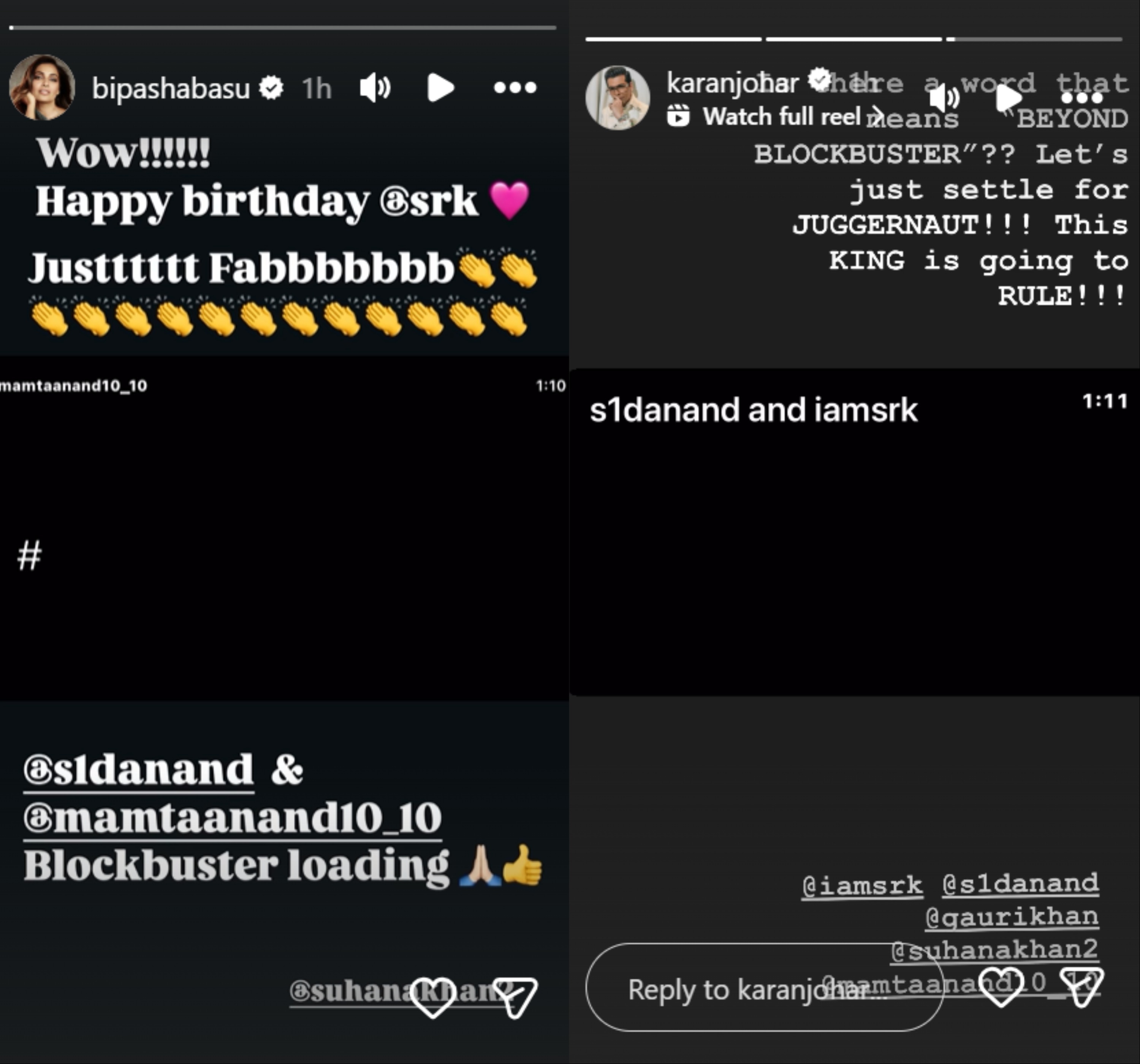 Karan Johar and Bipasha Basu sharing excitement on Instagram.